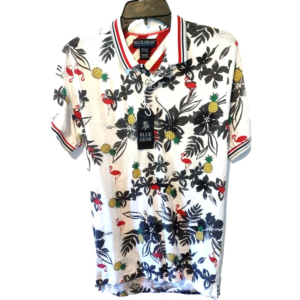Blue Gear Polo Shirt Small Mens Tropical Flamingo Pineapple White Retro Boho New